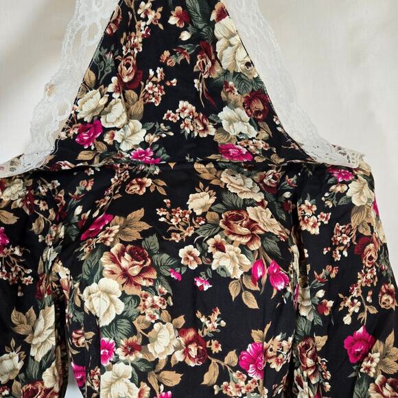 Vtg Floral Lace Bib 80s Midi Dress Shoulder Pads Modest Church 11 Medium USA - Picture 6 of 15